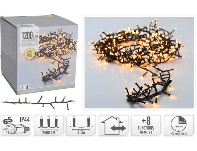 1200 Φωτάκια LED - 24 Μέτρα + 3 Μέτρα σύνδεσης , Kανονική Διάταξη , με χειριστήριο, 8 προγράμματα, Πράσινο καλώδιο PVC - Θερμό λευκό AX8560350