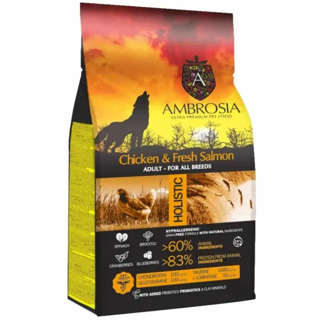 Ambrosia Ξηρά Τροφή για Ενήλικους Σκύλους Κοτόπουλο & Σολομό 12kg