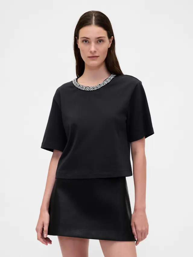 Heavyweight Jewel-Neck Crop Μπλούζα black - XS