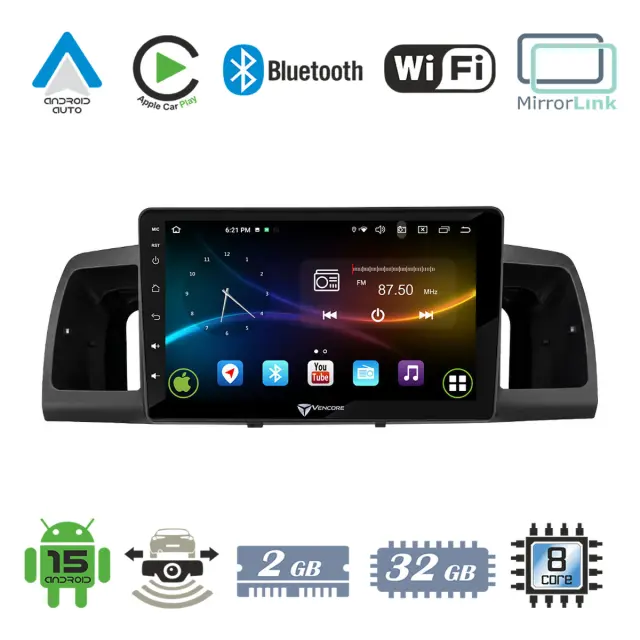 VenCore Οθόνη Multimedia Android 15 9" 9109A MTK6762 Octa-Core 2GB/32GB IPS με Πρόσοψη, CarPlay, Android Auto και Υποστήριξη Κάμερας Οπισθοπορείας AHD για Toyota Corolla 2002-2006 – Μαύρη (3236-10007-0254B)