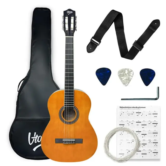 V-TONE CG TWO YL classical guitar 4/4 natural wood to learn for beginners picks strap spare strings cover chords adjustment key set