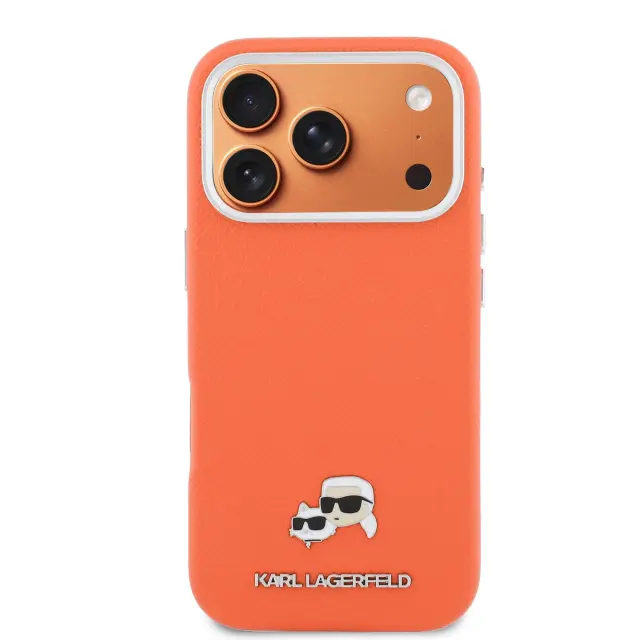 Karl Lagerfeld PU Karl and Choupette Heads Pins MagSafe Case for iPhone 17 Pro Max Orange 3