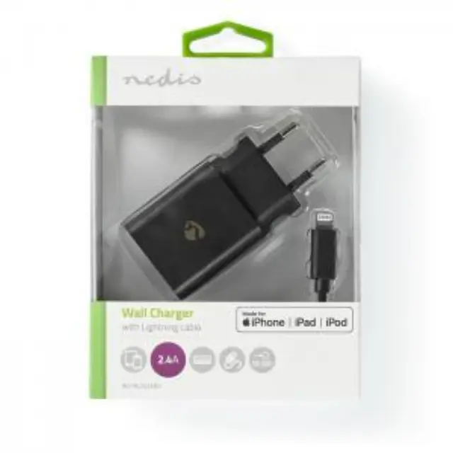 Universal φορτιστής USB 2.4 A, με αποσπώμενο καλώδιο Lightning 8-Pin, σε μαύρο χρώμα. 3