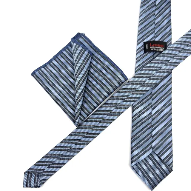 Μπλε Ραφ Ριγέ Γραβάτα Microfiber Σετ με Μαντήλι 3