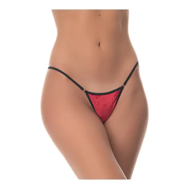 Milena Γυναικείο Micro G-String Βελούδο με Τρίγωνο Δαντέλα Πίσω, Χρώμα Μπορντό-Μαύρο