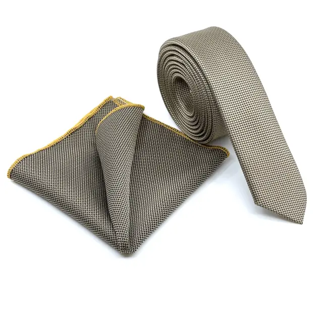 Μπεζ Oxford Γραβάτα Slim 4,5 cm Σετ με Μαντηλάκι