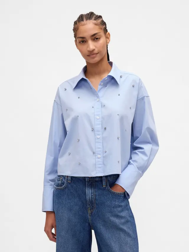Οργανικό Βαμβάκι Embellished Straight-Hem Crop Πουκάμισο Shirting blue poplin