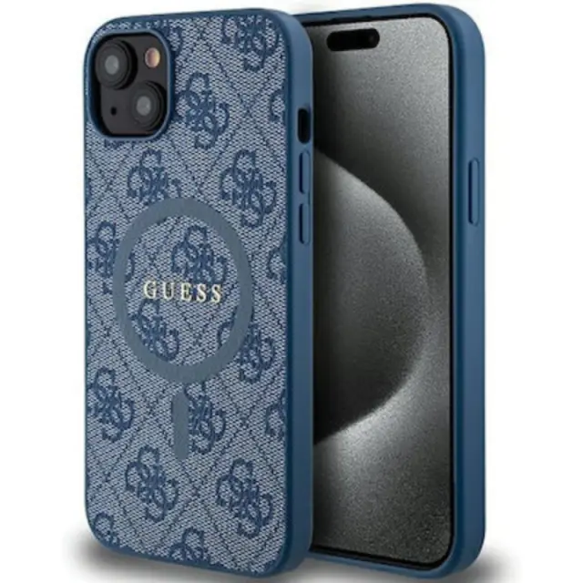 Guess 4g Collection Leather Metal Logo Magsafe Back Cover Πλαστικό Μπλε (iPhone 15 Plus)