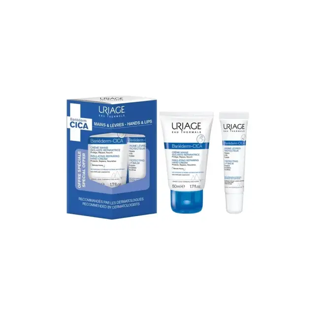 Uriage Promo Bariederm Cica Hands Αναπλαστική Κρέμα Χεριών, 50ml & Δώρο Bariederm Cica Lips Επανορθωτικό Βάλσαμο Χειλιών, 15ml, 1σετ