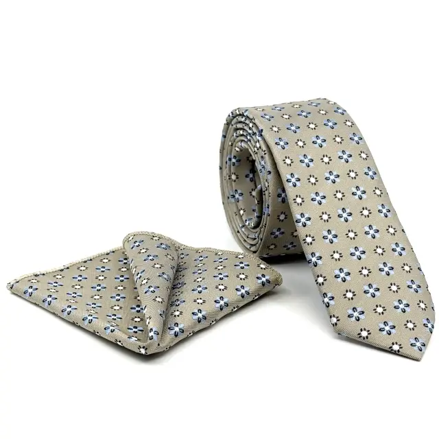 Γραβάτα Microfiber σε Μπεζ Φόντο Σετ με Μαντηλάκι