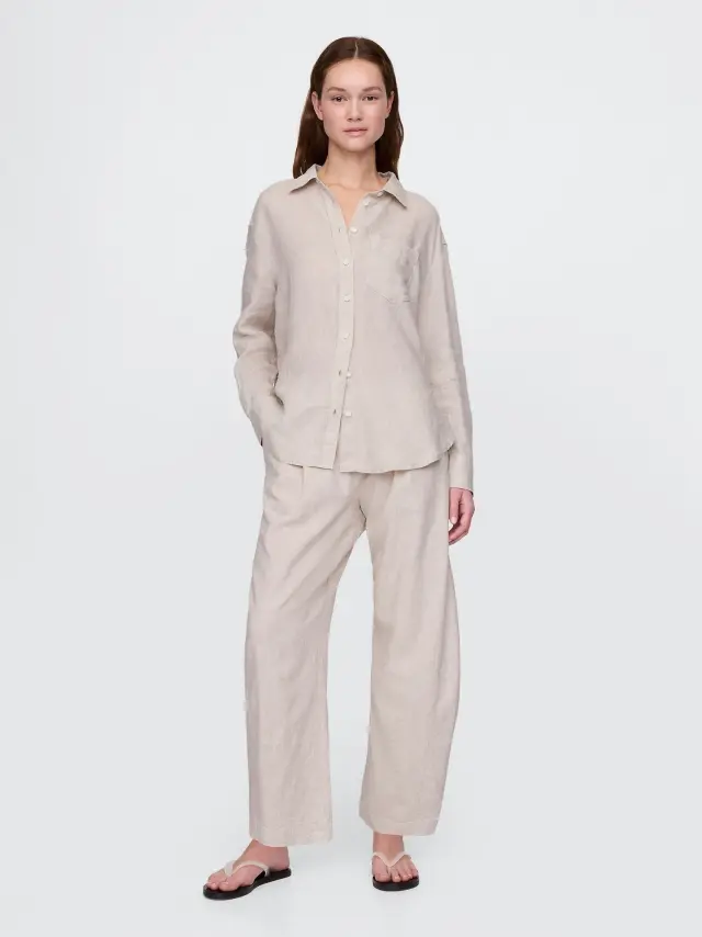 Μπεζ Mid Rise Λινή-Μίξη Easy Barrel Παντελόνι Flax linen tan - XL