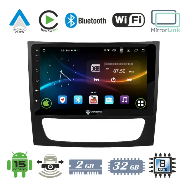 VenCore Οθόνη Multimedia Android 15 9" 9109A MTK6762 Octa-Core 2GB/32GB IPS με Πρόσοψη, CarPlay, Android Auto και Υποστήριξη Κάμερας Οπισθοπορείας AHD για Mercedes E Class W211 2002-2009 – Μαύρη (3236-10007-0760B)