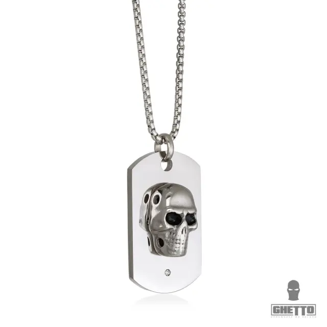 Ghetto Hip Hop Skull ID SS Zircon Pendant Necklace