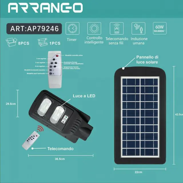 Arrango Στεγανό Ηλιακό Φωτιστικό Δρόμου IP65 με Ανιχνευτή Κίνησης σε Μαύρο Χρώμα AP79246 2