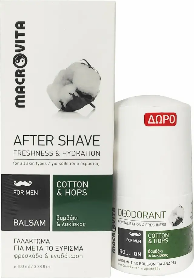 Macrovita Cotton + Hops for Men Πακέτο After Shave Γαλάκτωμα για Μετά το Ξύρισμα 100ml + Δώρο Deodorant Roll 50ml