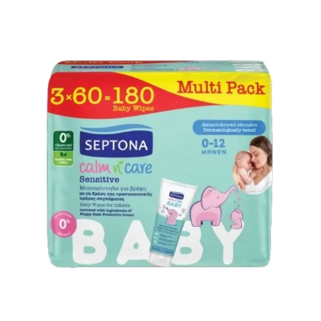 Septona Calm n' Care Sensitive Baby Wipes Μωρομάντηλα για Ευαίσθητο Δέρμα με Αλόη Βέρα & Βιταμίνη Ε 3x60τεμ.