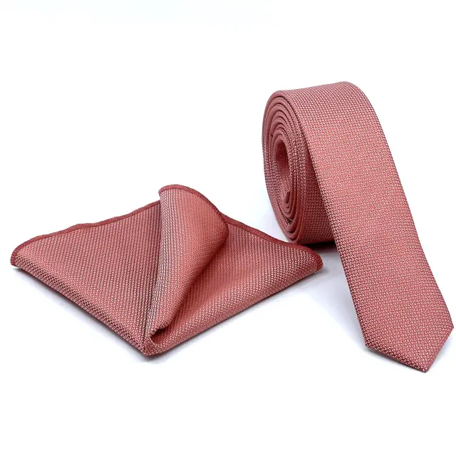 Κοραλί Oxford Γραβάτα Slim 4,5 cm Σετ με Μαντηλάκι