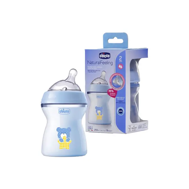CHICCO Πλαστικό Μπιμπερό Natural Feeling Κατά των Κολικών με Θηλή Σιλικόνης για 2+ μηνών Μπλε Ciel 250ml 2