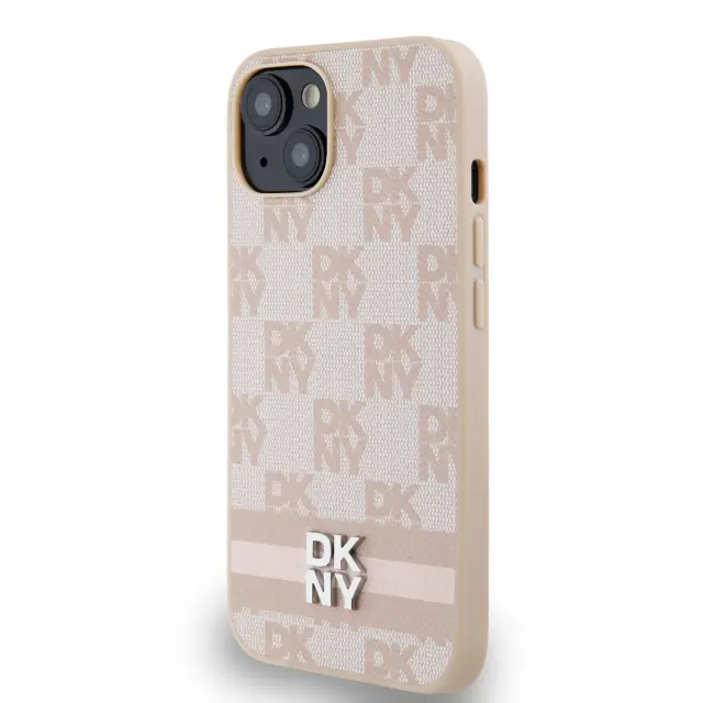 DKNY PU Leather Checkered Pattern and Stripe Case for iPhone 14 Pink 3