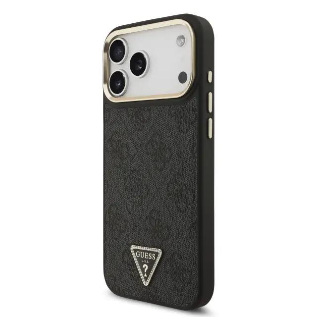 Guess PU Leather 4G Strass Triangle Logo Gold Frame MagSafe Case for iPhone 17 Pro Max Black 2