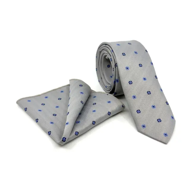 Ασημί–Μπλε Ρουά Σχεδιαστική Γραβάτα Microfiber Σετ με Μαντήλι 6,5 cm