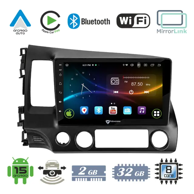 VenCore Οθόνη Multimedia Android 15 10.1" 9109A MTK6762 Octa-Core 2GB/32GB IPS με Πρόσοψη, CarPlay, Android Auto και Υποστήριξη Κάμερας Οπισθοπορείας AHD για Honda Civic 2006-2011 – Μαύρη (3236-10008-0242B)