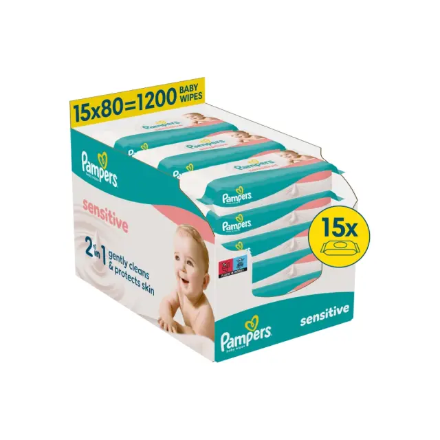 Pampers Sensitive Baby Wipes Monthly Βοx, Βρεφικά Μωρομάντηλα για Ευαίσθητη Επιδερμίδα 15x80, 1200τεμ