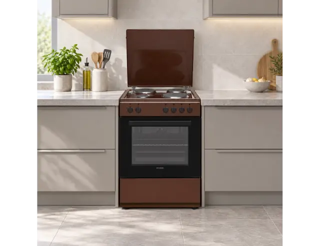 Κουζίνα Hyundai HCMU26V-7260E/BR με ηλεκτρικό φούρνο, εμαγιέ εστίες, χωρητικότητα φούρνου 69L, 5 λειτουργίες ψησίματος και ενεργειακή κλάση Α HCMU26V-7260E/BR