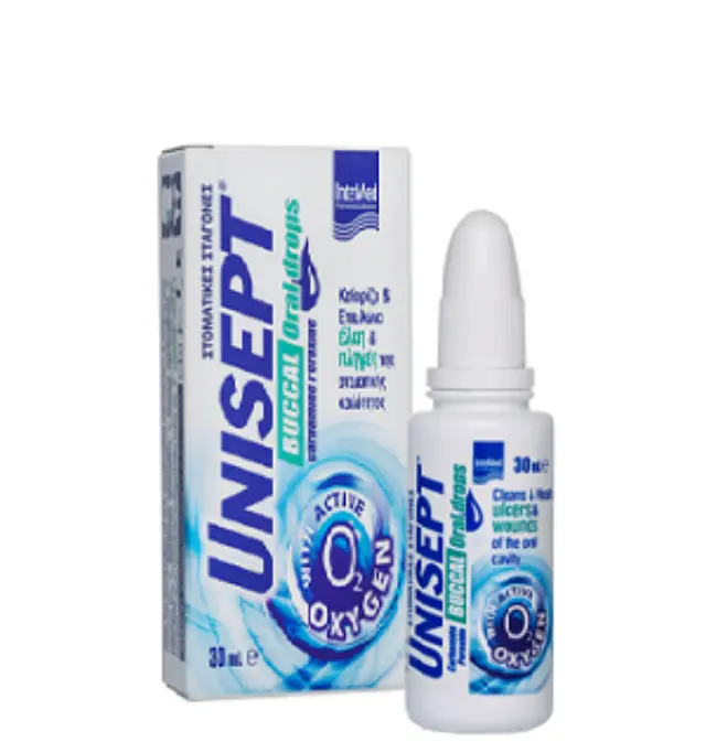 Intermed Unisept Buccal Oral drops Σταγόνες για τον Καθαρισμό και την Επούλωση των πληγών της Στοματικής Κοιλότητας, 15ml