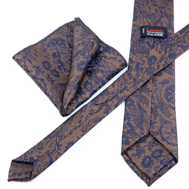 Γραβάτα Microfiber Ζακάρ σε Καφέ Μοτίβο Σετ με Μαντηλάκι 3