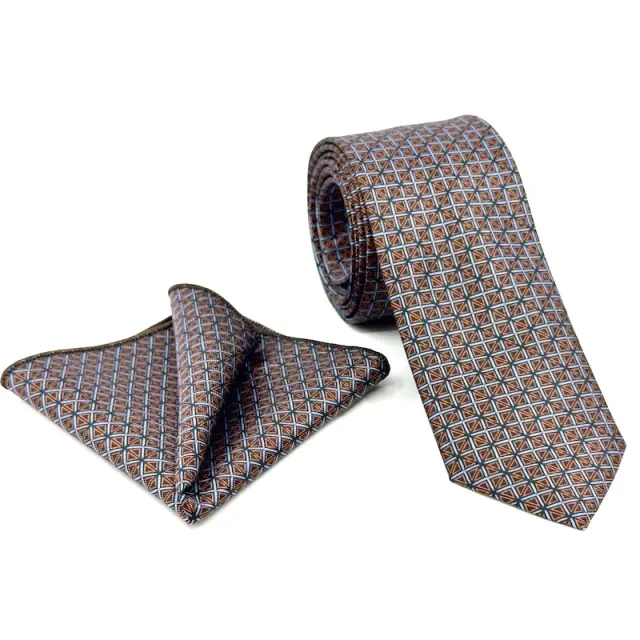 Καφέ Γραβάτα Microfiber Γεωμετρικό Σετ με Μαντήλι