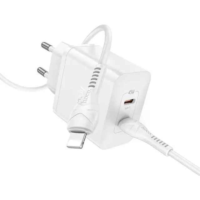 Hoco Φορτιστής με Διπλή Θύρα USB-C και Καλώδιο Lightning 45W Λευκός N35 2
