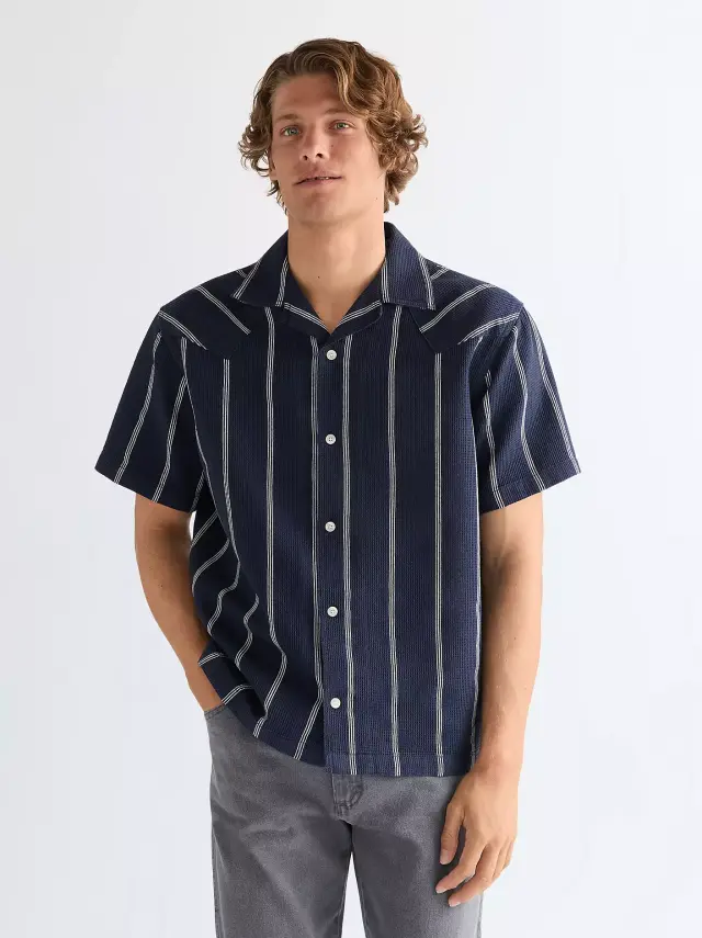Wrangler Ανδρικό W Resort Ριγέ Πουκάμισο 112378102 – Navy Blue - L