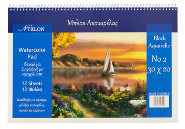 Μπλοκ Ακουαρέλας Σπιράλ 12 Φύλλων Νο2 20x30cm 220gsm / 805.6.00305 (Ntelon)