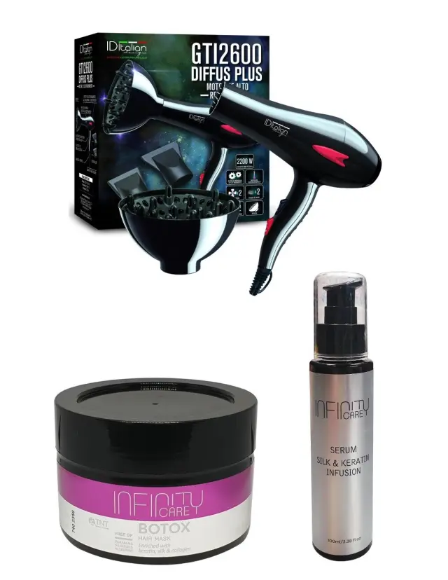 ID Italian Professional Hair Dryer & Infinity Care hair botox mask 250ml & Silk and Keratin Serum 100ml (Reconstruction Bundle)