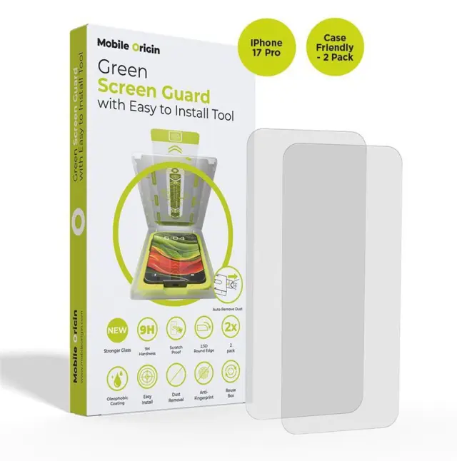 Mobile Origin Screen Guard with easy applicator, case friendly 2 pack - iPhone 17 Pro
