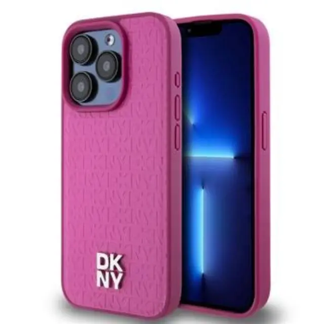 DKNY PU Leather Repeat Pattern Stack Logo MagSafe Case for iPhone 15 Pro Max Pink