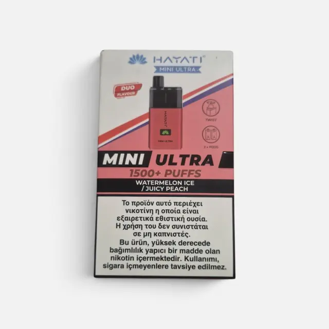 Hayati Mini Ultra 1500+Puffs Duo Prefilled Pod Kit-Ηλεκτρονικο Τσιγάρο Διπλής Γεύσης. Watermelon Ice/Juicy Peach