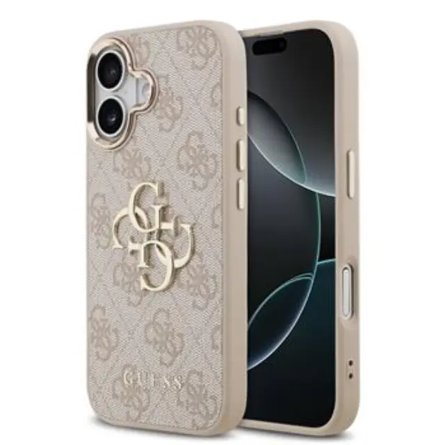 Guess PU Leather 4G Metal Logo Gold Frame Case for iPhone 17 Pink