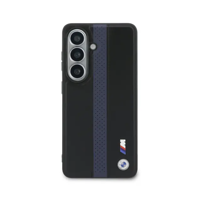 BMW M PU Leather Perforated Stripes and Metal Logo Magnetic Case for Samsung Galaxy S26 Blue 3