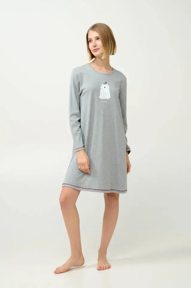 Βαμβακερό Χειμερινό Νυχτικό με Τύπωμα Vamp 23605 GRAY MELANGE