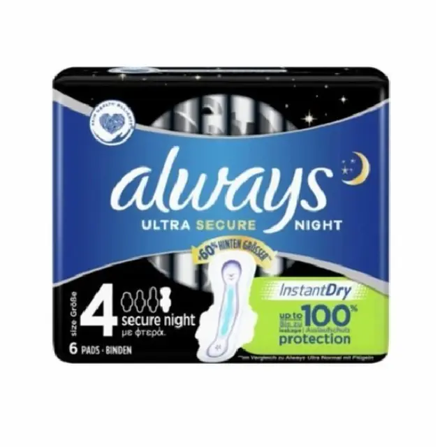 Always Σερβιέτες Ultra Secure Night Instant Dry Size 4 - 6τμχ