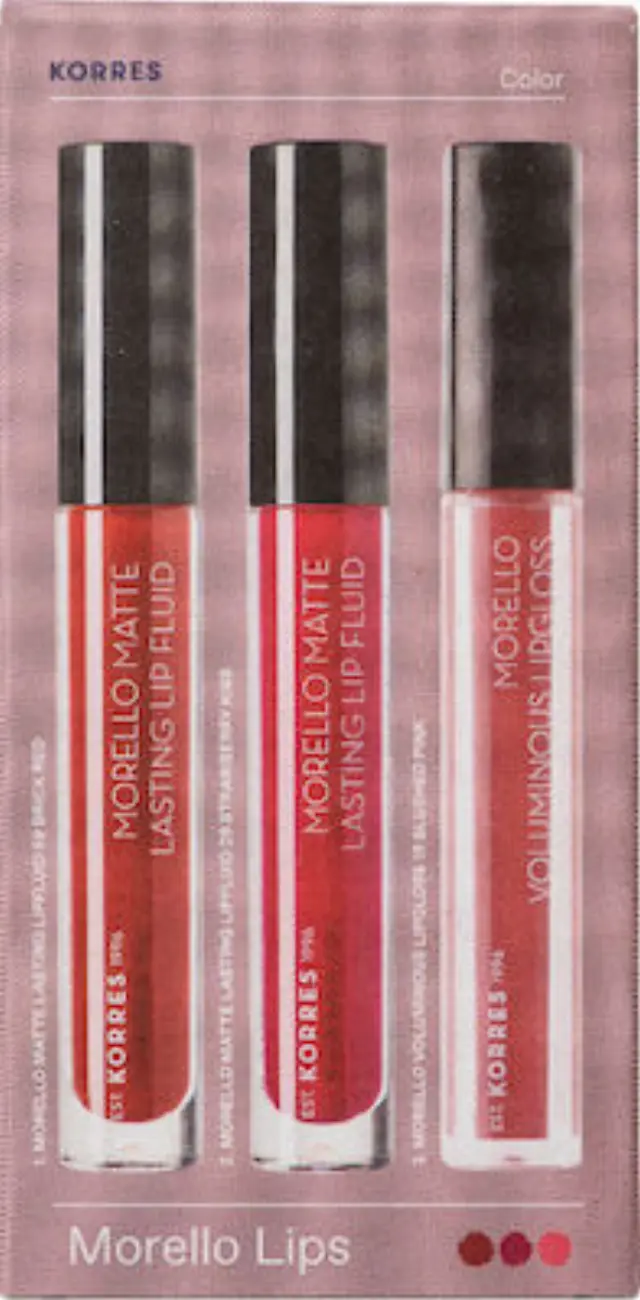 Korres Morello Matte Lasting Lip Fluid 59 Brick Red, 29 Strawberry Kiss & 16 Blushed Pink