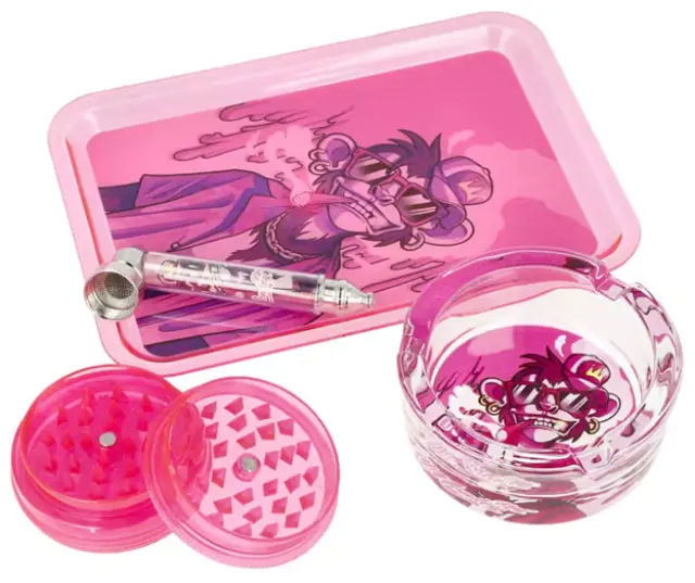 Monkey King Try Kit Σετ Ροζ με Δίσκο, Grinder, Πιπάκι και Σταχτοδοχείο 2