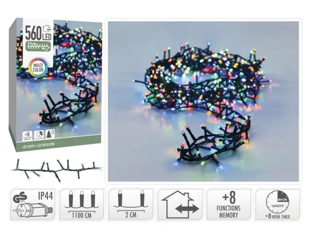 560 Φωτάκια LED - 11 Μέτρα + 3 Μέτρα σύνδεσης, Κανονική Διάταξη, με χειριστήριο, 8 προγράμματα, Πράσινο καλώδιο PVC - Πολύχρωμο AX8560210