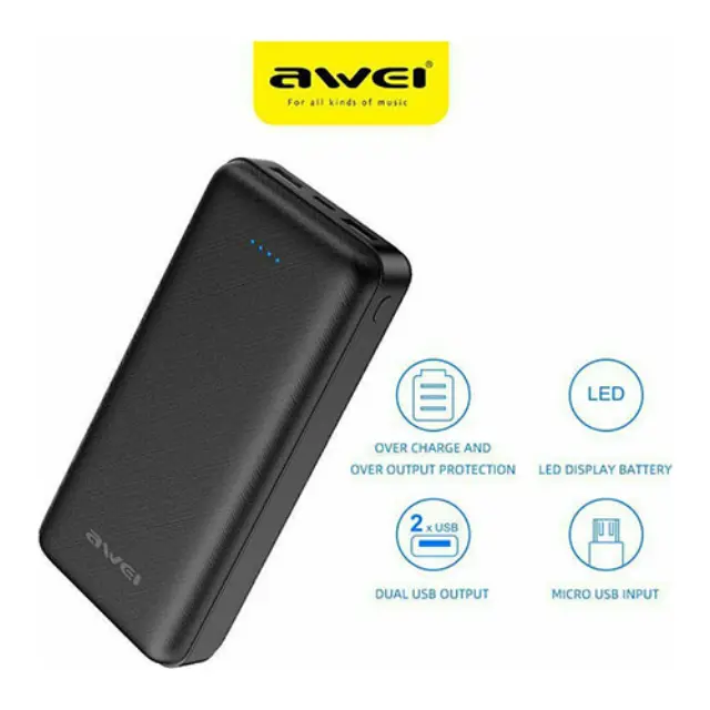 Awei P6K Power Bank 20000mAh με 2 Θύρες USB-A Μαύρο 2