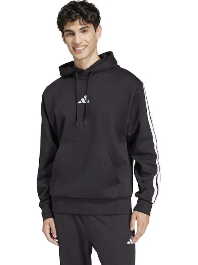 adidasEssentials 3-Stripes Φούτερ Fleece με Κουκούλα Μαύρο - M