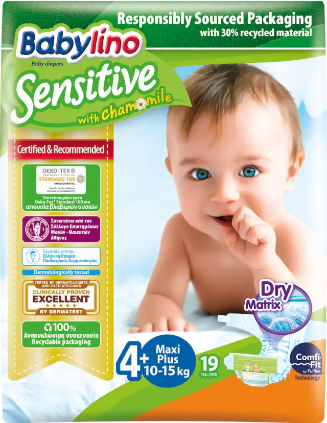 Babylino Sensitive With Chamomile Πάνες με Αυτοκόλλητο No. 4+ για 10-15kg 19τμχ