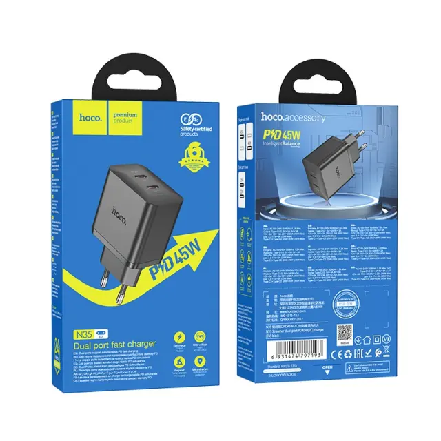 Φορτιστής Ταξιδίου Hoco N35 Streamer με 2 Εξόδους Φόρτισης USB-C PD45W GaN Tech Μαύρος 2