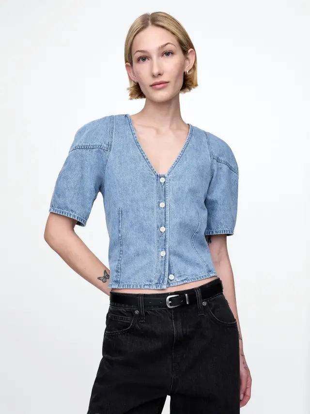 Cropped Puff-Sleeve Denim Πουκάμισο Light wash